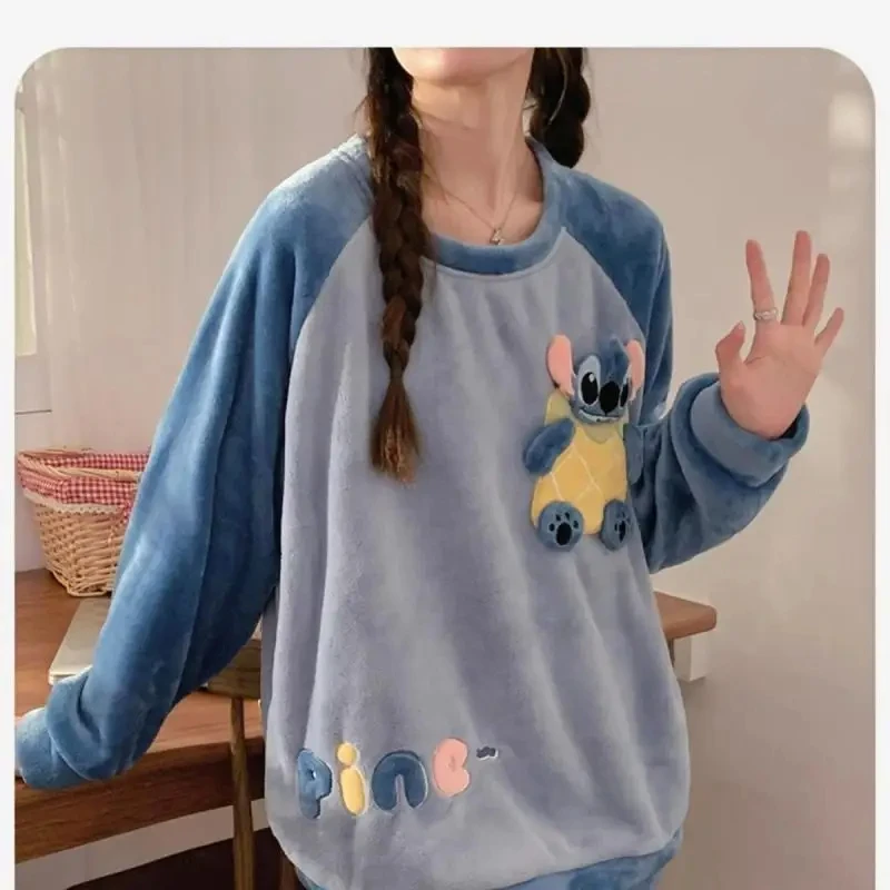 Kawaii Stitch Anime Cartoon Winter Coral Fleece Thicken Pajamas Round Neck Keep Warm Plush Soft Two Piece Set 2024 New Style Hot