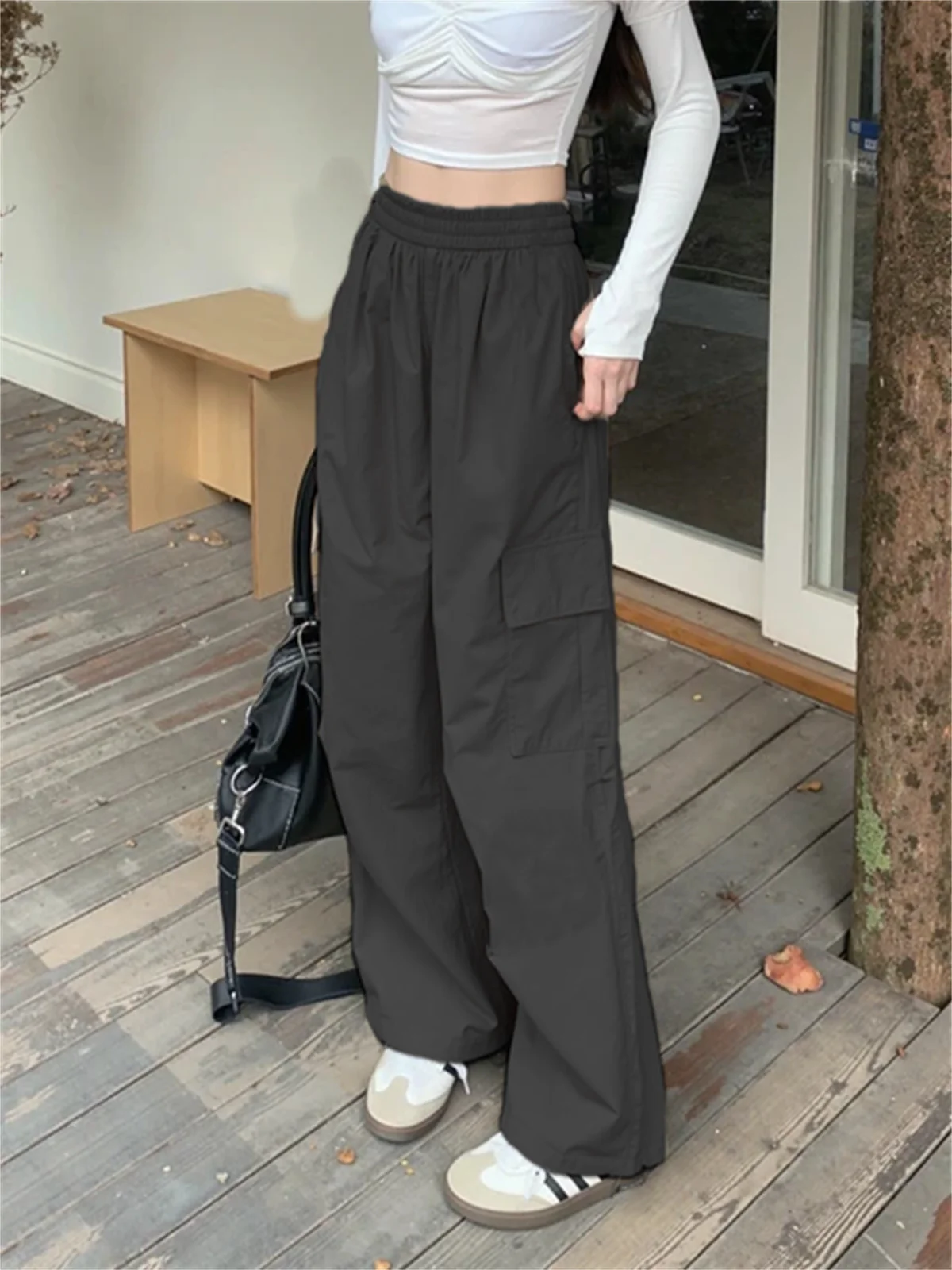 Plus Size Straight Cargo Pants Women Fashion Solid Pocket Elastic Waist Trousers American Retro Street Pant Lady Casual Clothes