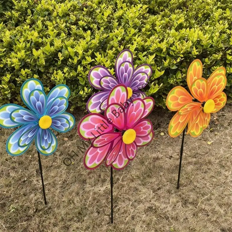 M76C 2PCS 더블 레이어 회전 풍차 장난감 플라스틱 꽃 바람개비 바람 회 전자 정원 마당 조경 장식