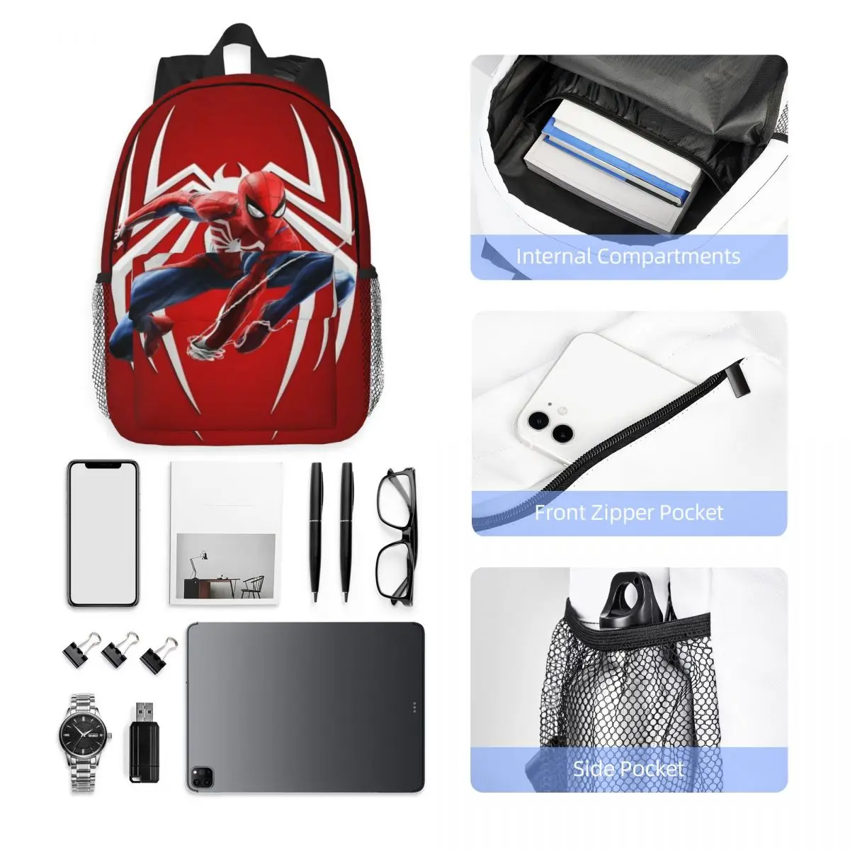 Mochila impermeável Spider Man de 15 polegadas – Bolsa de viagem leve com vários bolsos para organização