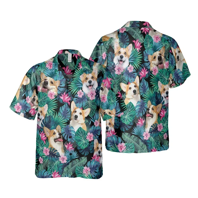 Cute Corgi Pattern Beach Shirt Men Animal Pet Dog 3D Printed Aloha Shirts Short Sleeve Women Blouse Hawaiian Shirts Lapel Tops