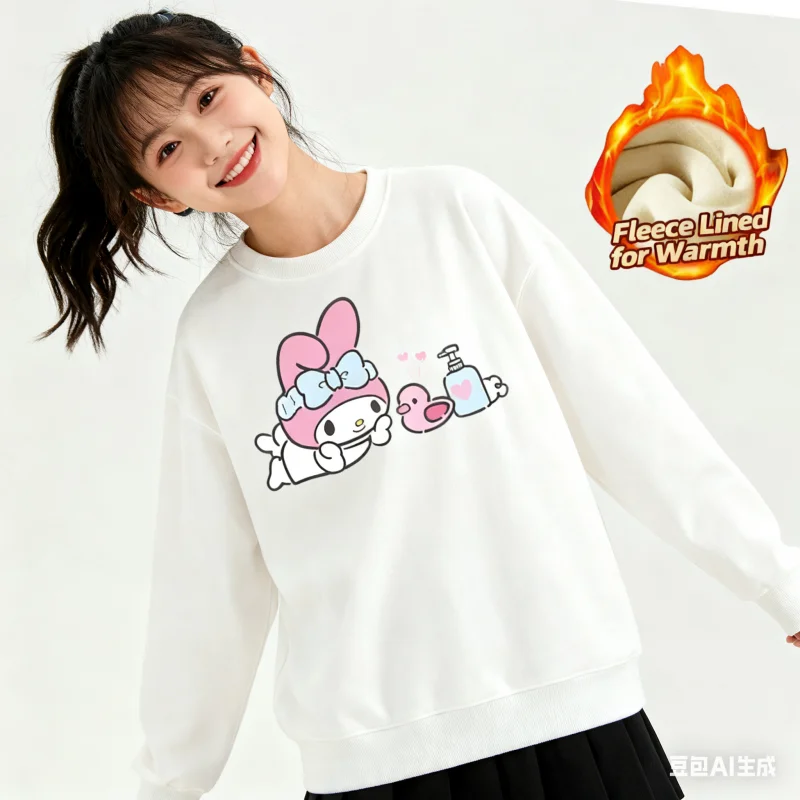 

2025 Sanrio Series Printed Crew Neck Long-Sleeve Top, Cute and Warm Fleece-Lined Crew Neck Long-Sleeve T-Shirt, 100% Cotton