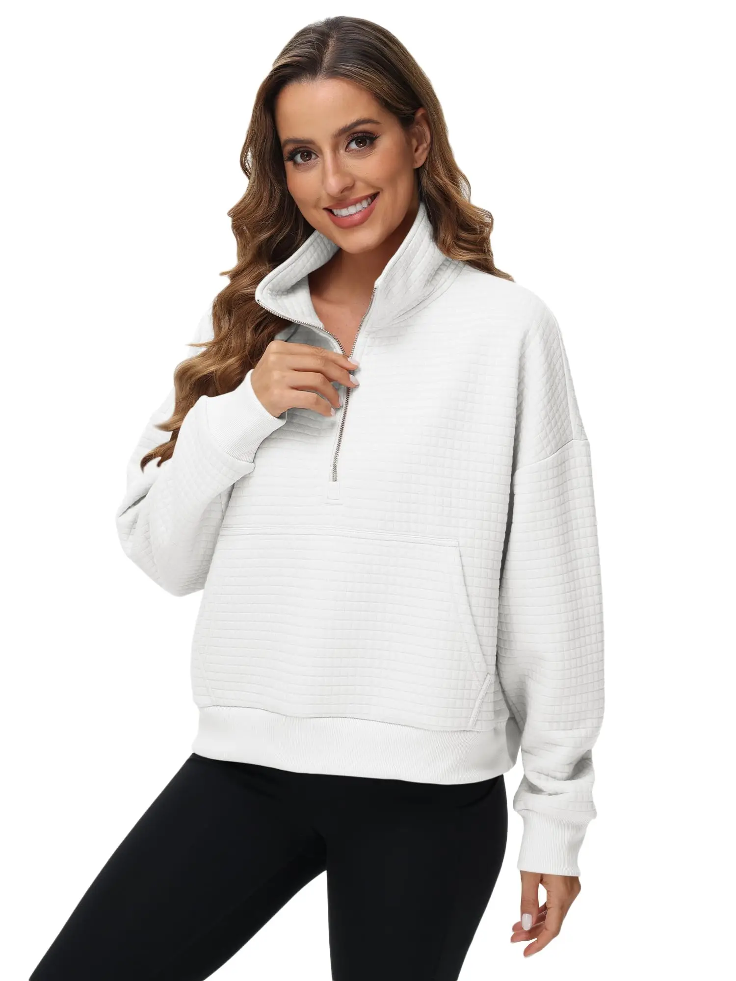 Women's Long Sleeve Casual Waffle Pullover Solid Warm Half Zipper Sweatshirts Tracksuits Short-style Hoodie for Autumn Winter