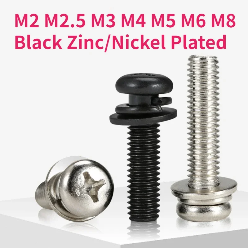 M2 M2.5 M3 M4 M5 M6 M8 Black Zinc/Nickel Plated Cross Phillips Round Pan Head SEM Screw Flat Washer Spring Gasket Assemble Bolt