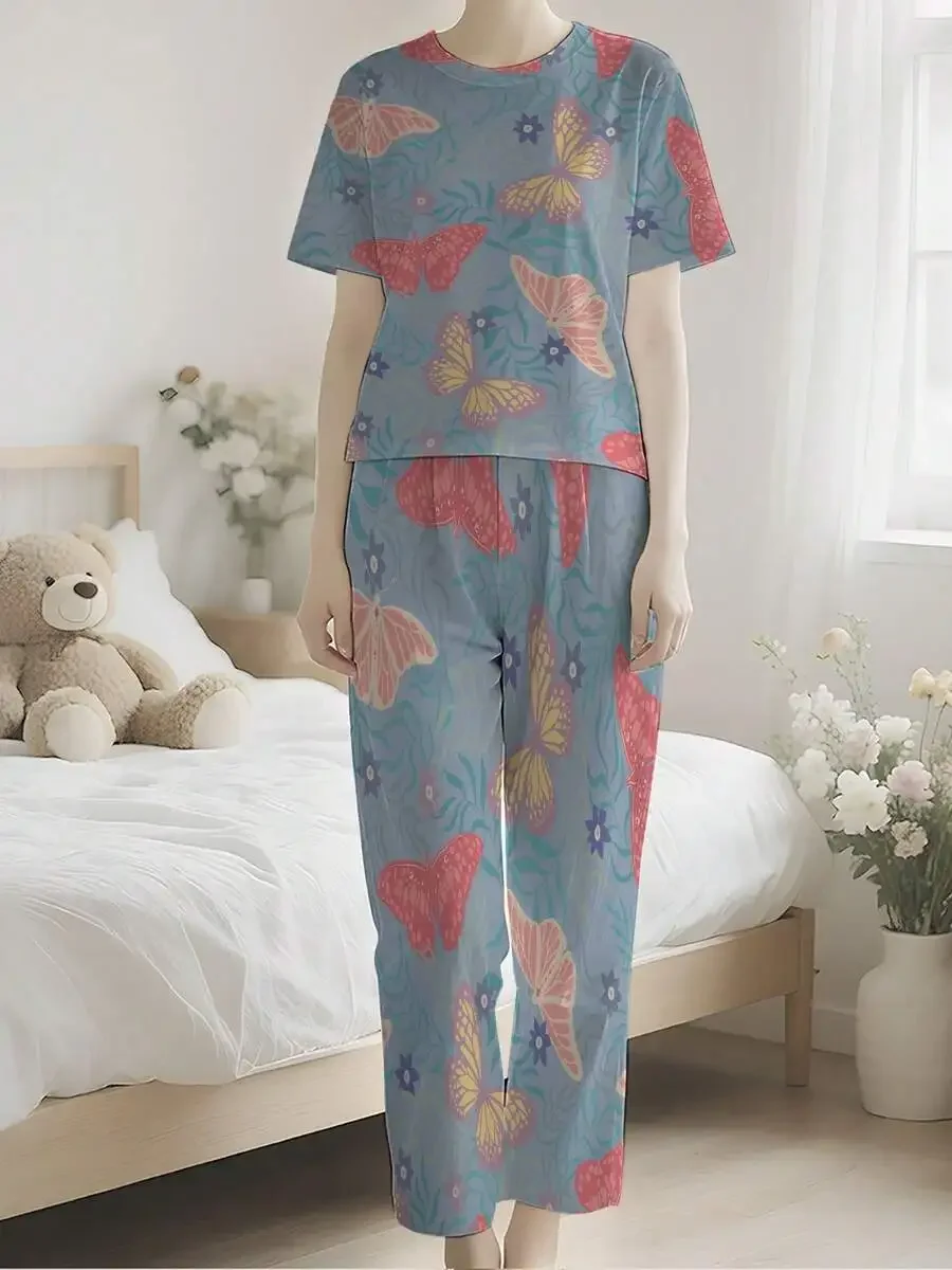 Womens Butterfly Floral Print Short Sleeve Pajama Set Comfortable Sleepwear