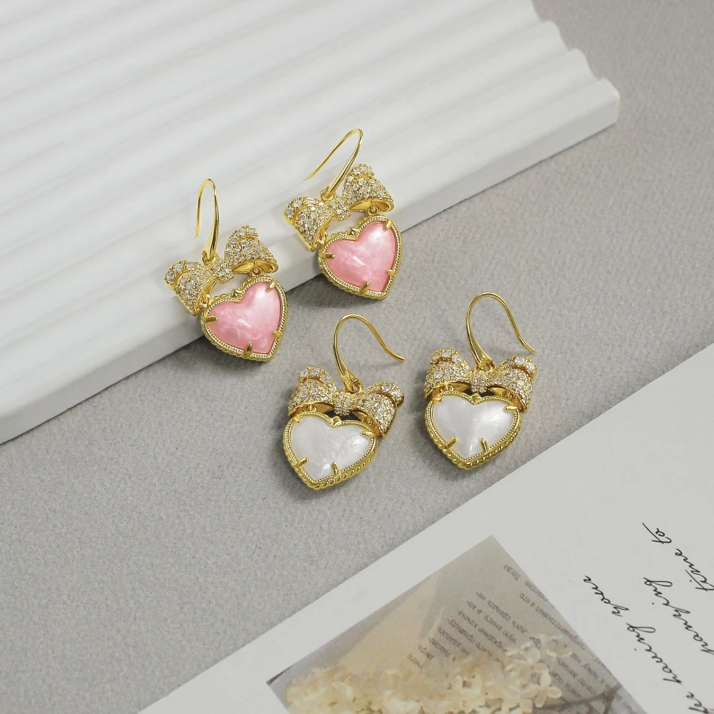 YEEVAA Heart Bow Drop Earrings in Ivory Mother-of-Pearl, for Women Girls Fashion Jewelry, Unique Gifts