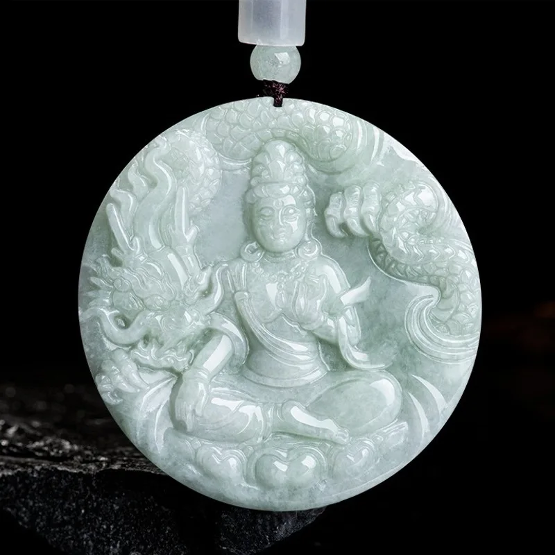 

Real Natural Grade A Jade Jadeite Men Women Carved Dragon Guanyin Buddha Round Pendant