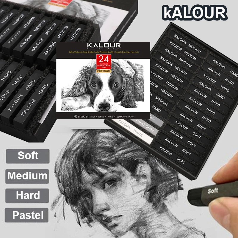 KALOUR 24 Pro Charcoal Graphite Rod Set Soft/Medium/Hard Compressed Sticks & Pastels for Drawing Sketching Shading Textures Gift