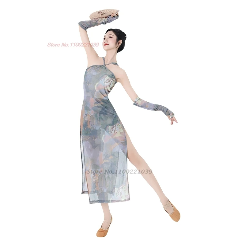 2025 vestido de danza folclórica tradicional china estampado de flores nacionales sin mangas qipao cheongsam puesta en escena vestido de danza folclórica