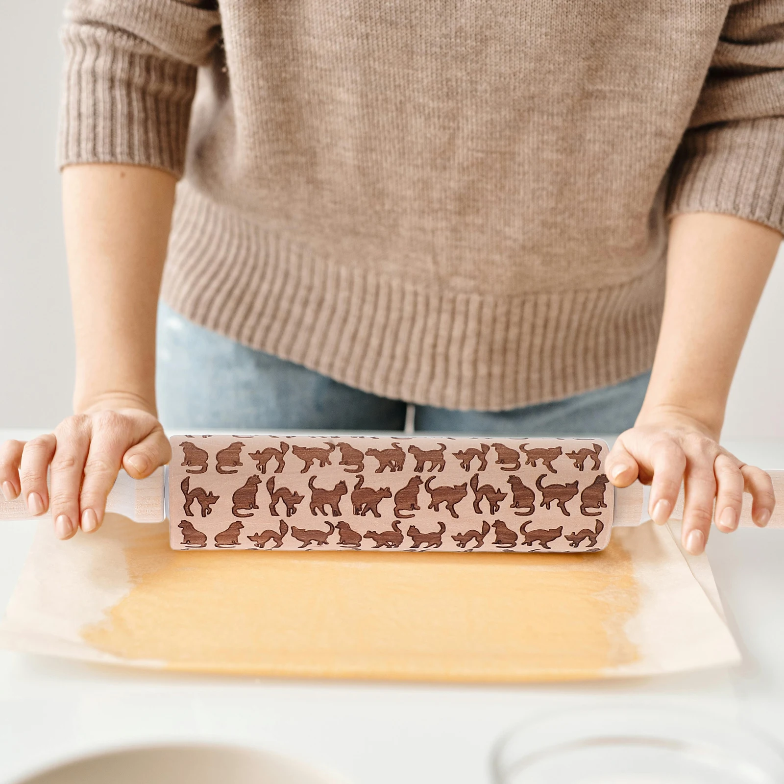 

Wooden Cat Pattern Baking Tool Home Kitchen Use Non-Slip Handle Wood Pin For Pastry Pizza Dough Embossing Rolling Pins