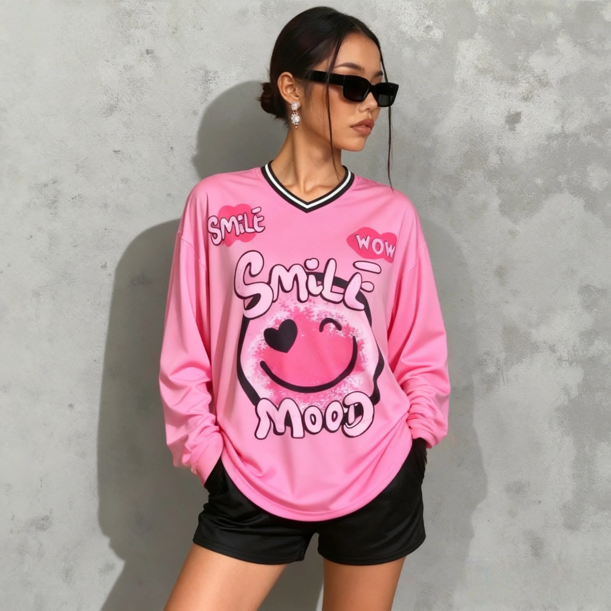 Primavera e autunno American Street Love Smile T-shirt a maniche lunghe Y2K da donna oversize D T-shirt sportiva di tendenza stampata