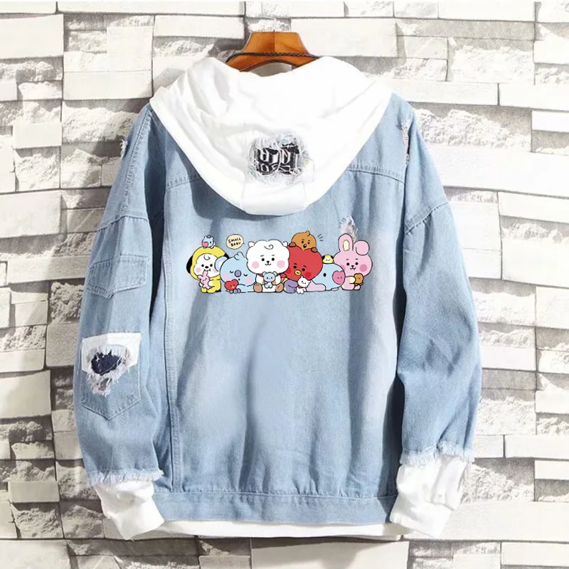 Chaqueta desgastada de dibujos animados de Anime Bt21 Cooky Tata Y2K primavera otoño nueva chaqueta vaquera con capucha de moda para hombres y mujeres regalos