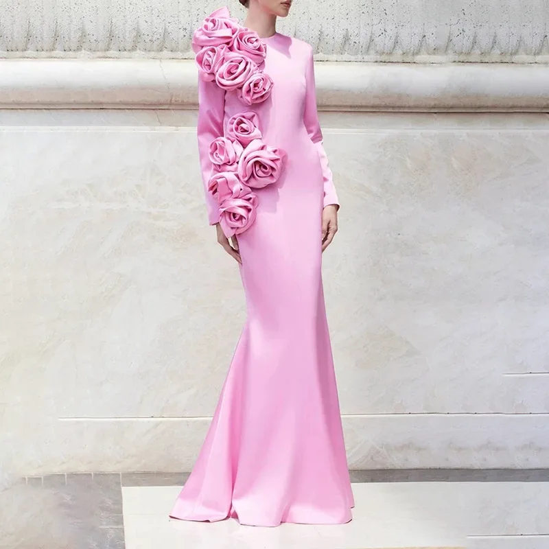 3D Rose Pink Long Party Women's Dress Super Soft high Quality Maxi Ramadan Traditional Style