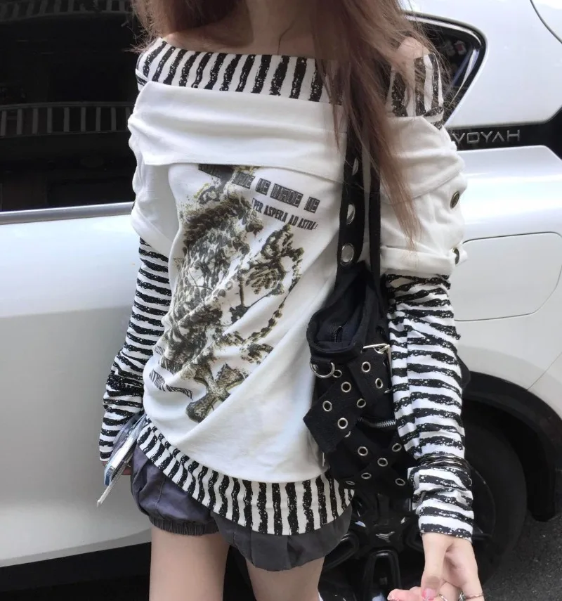 

Japanese Harajuku Vintage Slash Neck Sweatshirts Spliced Constrast Color Striped Office Lady Women Clothes Y2k High Street Shirt