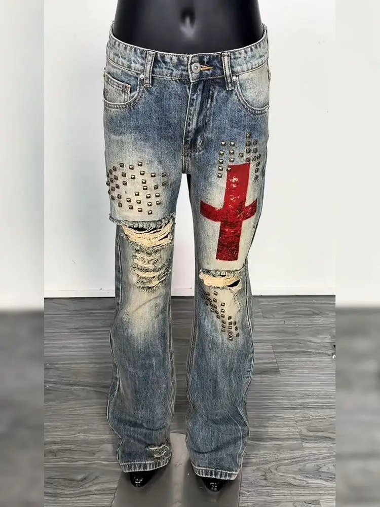 Men's Rivet Hole Design Street Retro Jeans Casual Pant Vintage Boys Straight Unisex Sweatpants Male High Waist Wide Leg Trousers