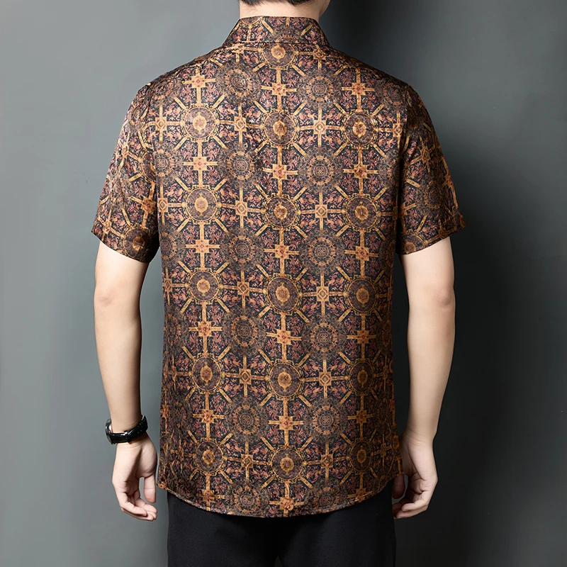 HT7706 Supper Silky Breathable Shirts For Men Short Sleeve Print Summer Quality Soft Comfortable Chinese Style Camisas De Hombre