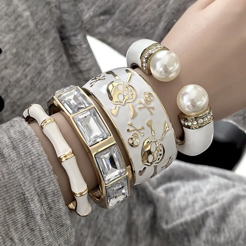 Bohemian Gold Color White Crystal Metak Enamel Wide Bangles Goth Skull Bracelets Alloy Pearl Charm Bracelet Couple Jewelry Gifts