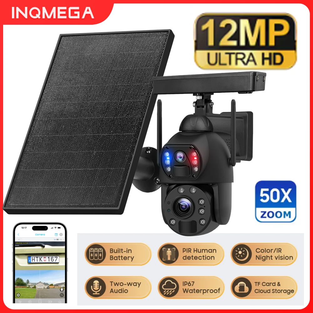INQMEGA 4G Solar Outdoor Camera 6K 50X ZOOM PTZ PIR Human Detection Outdoor Waterproof Camera Automatic Alarm Recording ubox