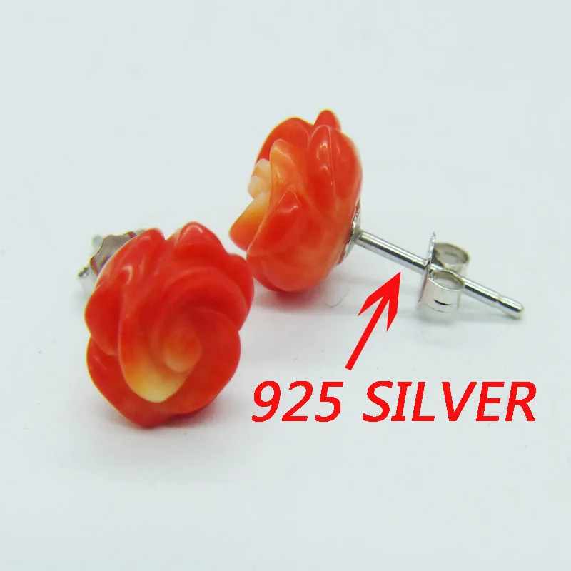 Exquisite !!  2pair Red Orange 8mm natural coral roses flower earrings