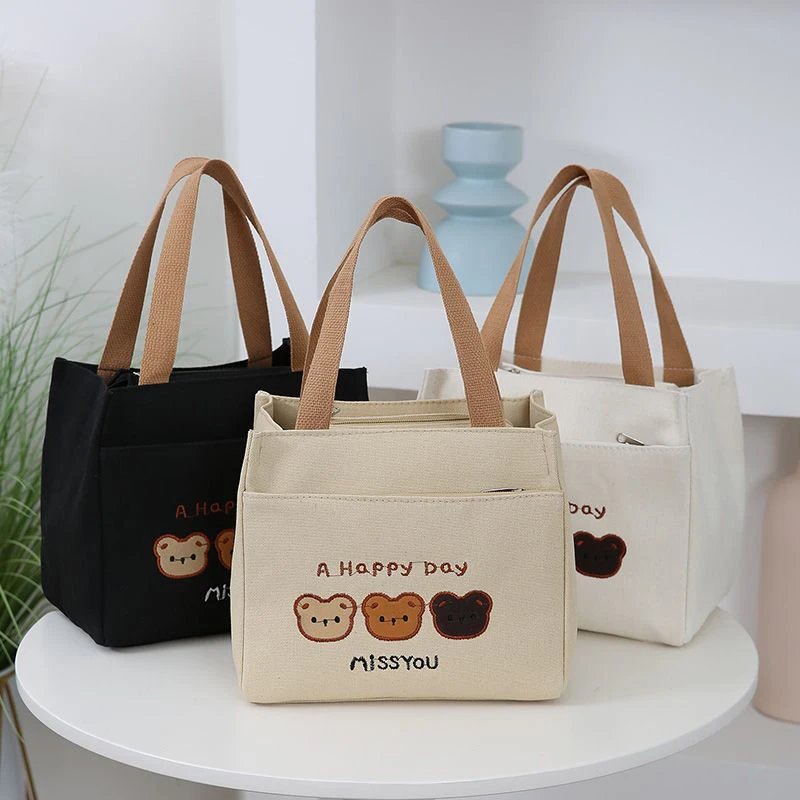 Cartoon Cute Small Bear Printed Pattern Canvas Versatile Handbag Office Worker Lunch Bag Tote Bag