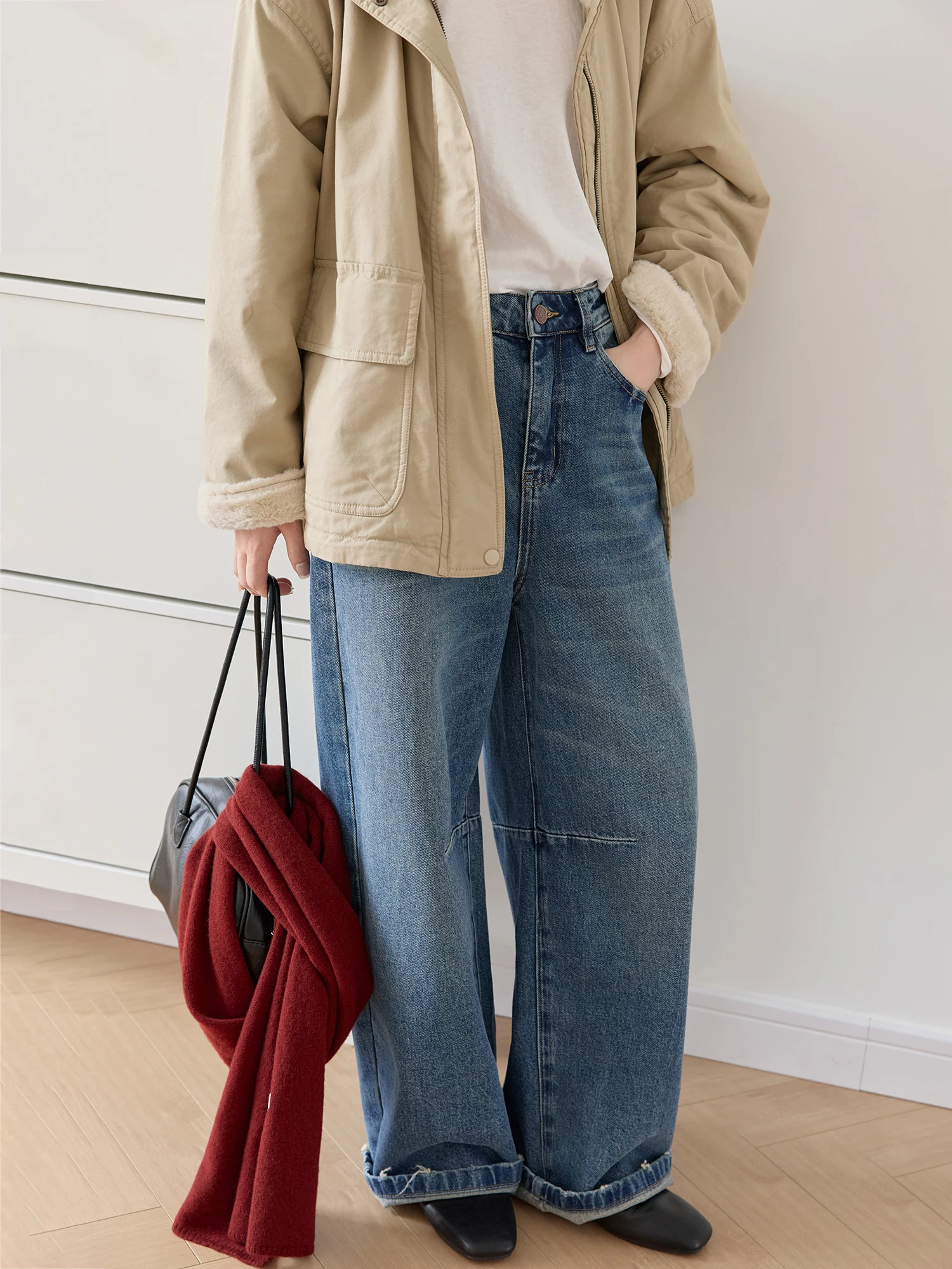 

Повседневные женские джинсы с высокой талией, свободные, широкие штанины, осенне-зимние, винтажный дизайн, с эффектом потертости, удобная посадка