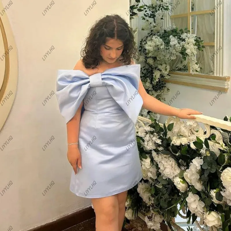 

Bow Sky Blue Cocktail Dress Plus Size Straight Short Satin Wedding Party Dress Girls Mini Graduation Gowns Prom Dress