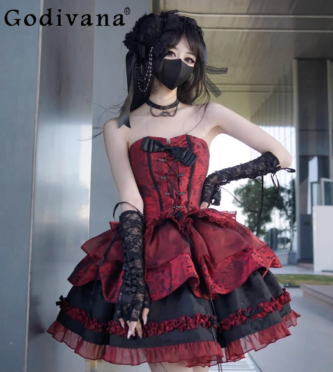 

Original Design Gothic Red Lolita Strapless Dress Set High Waist Slim Skinny Bow Top and Skirt Set Three-piece Set Summer Dress