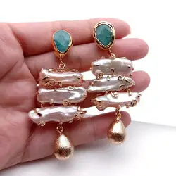YYGEM Woman Earrings Freshwater 32x31mm Pink Biwa Pearl Green Amazonite Stud Earrings Fashion Jewelry Gift