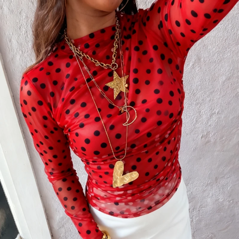 Polka Dot Print Mesh Sheer T-shirt Cover-ups See Through Long Sleeve Crop Tops Sexy Club Party Smocked Tees Shirt Streetwear