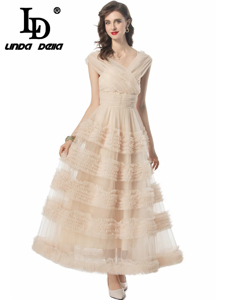 LD LINDA DELLA Summer 2024 luxury Designer Dresses for women Temperament Net Yarn Solid Color Ruffle Spaghetti Strap Dresses