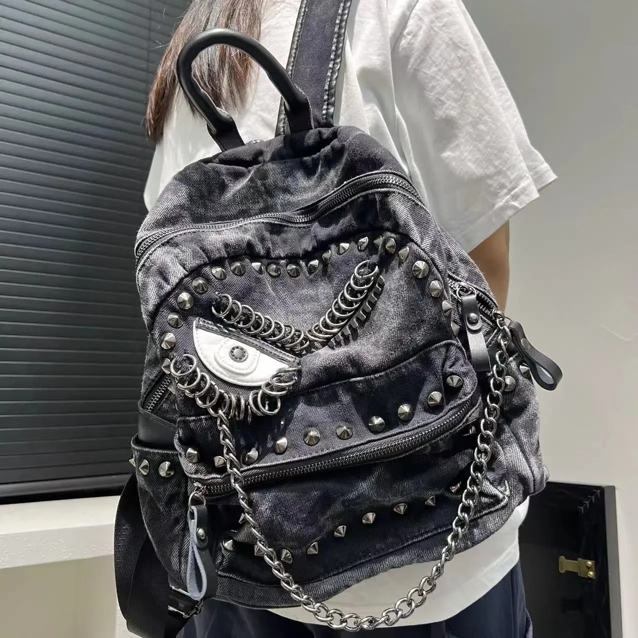 Women's Fashion Steampunk Denim Backpack Large Capacity Rivet Chain Shoulder Handbag