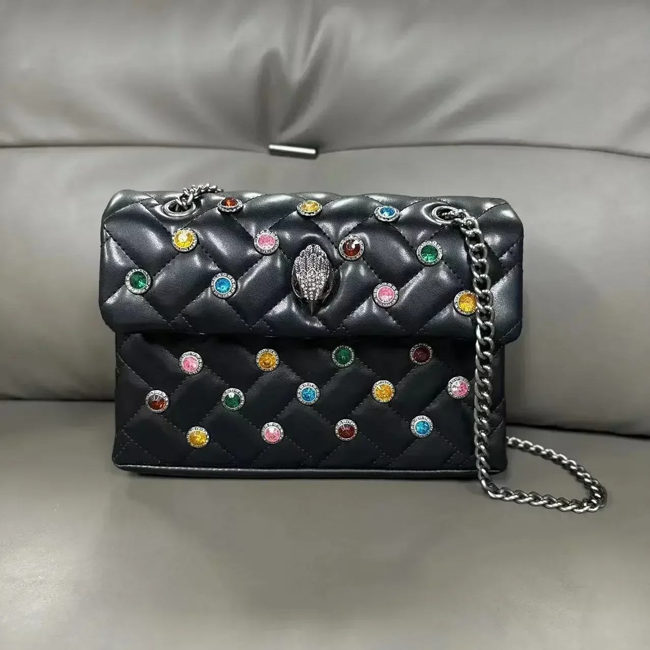 Bolso británico con cabeza de águila Kurt Geiger, pequeño bolso con forma de rombo de viento fragante, hilo bordado con diamantes, bolso cruzado con cadena de un hombro Y