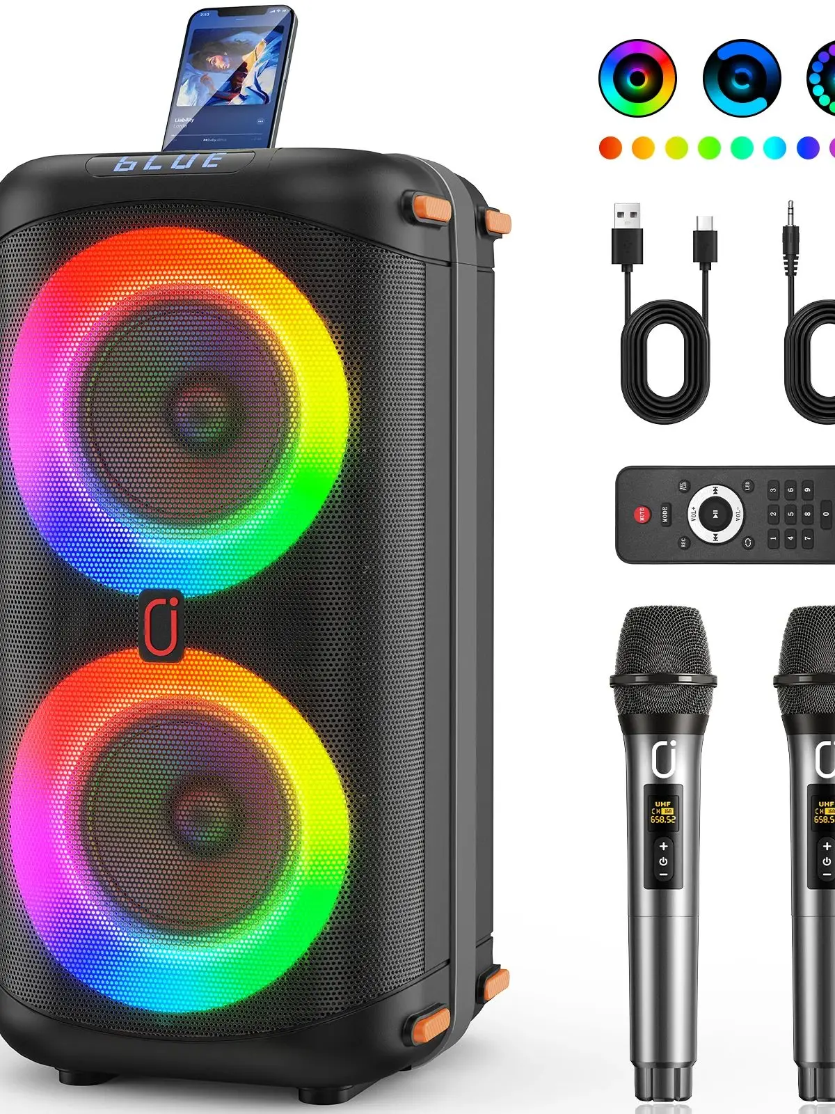 Karaokemachine met 2 draadloze microfoons, draagbare Bluetooth 5.3 karaokeluidspreker voor thuisfeesten buitenshuis, PA-systeem voor volwassenen - afbeelding 2