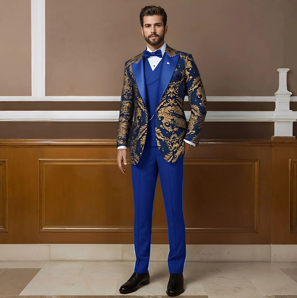 

Формальный мужской костюм, куртка с золотым штампом, свадебный смокинг, облегающий наряд для жениха, модное вечернее платье для мужчин, комплект костюма из 3 предметов