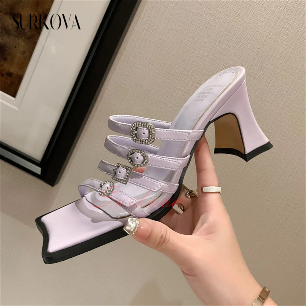 

Narrow Belt Combination Hollow Crystal Buckle Sandals Square Open Toe Block Heel Sandals Slippers Summer New Arrival High Heels