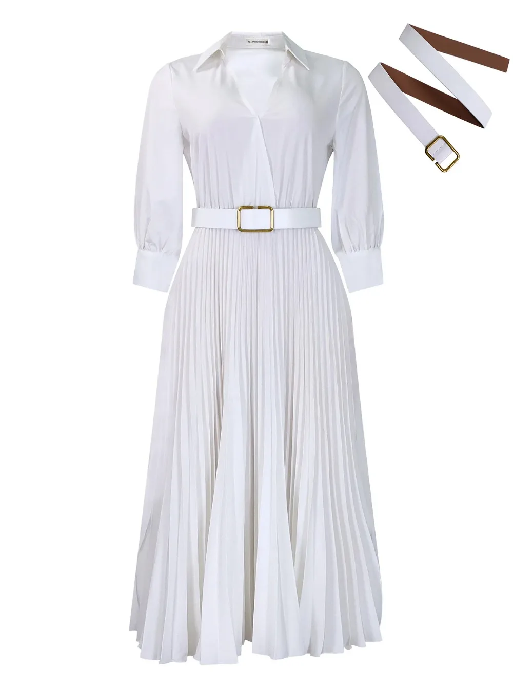 White Pleated Dress Women V Neck Full Sleeve Dresses Belt Slim High Waist Casual Party Elegant A Line Long Vestidos 2024 Spring