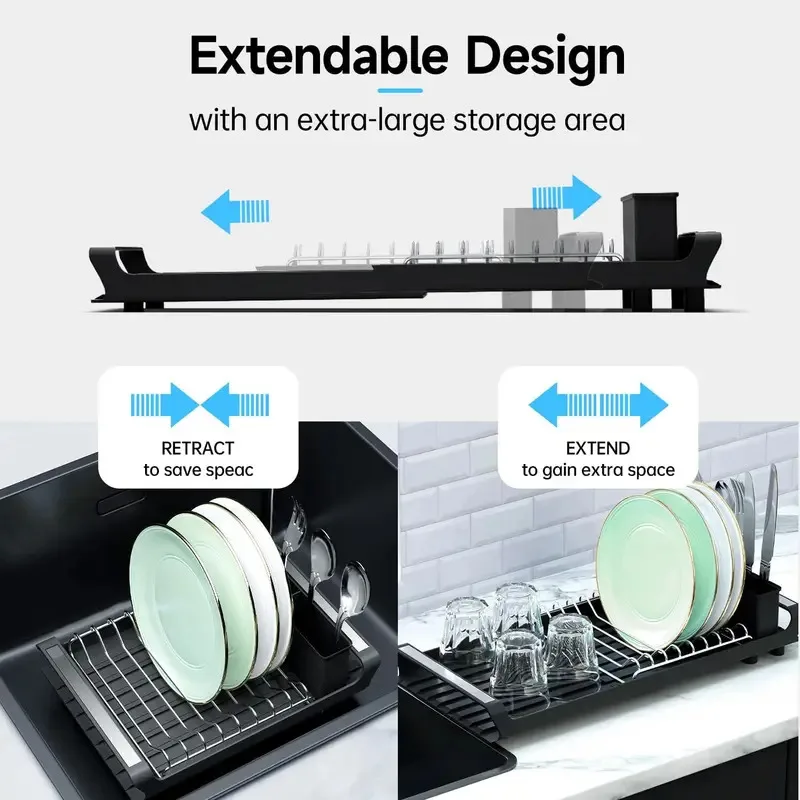 Expandable Small Dish Drying Rack for Kitchen Counter, Dish Drainer with Removable Cutlery Holder, Space-Saving Compact Design