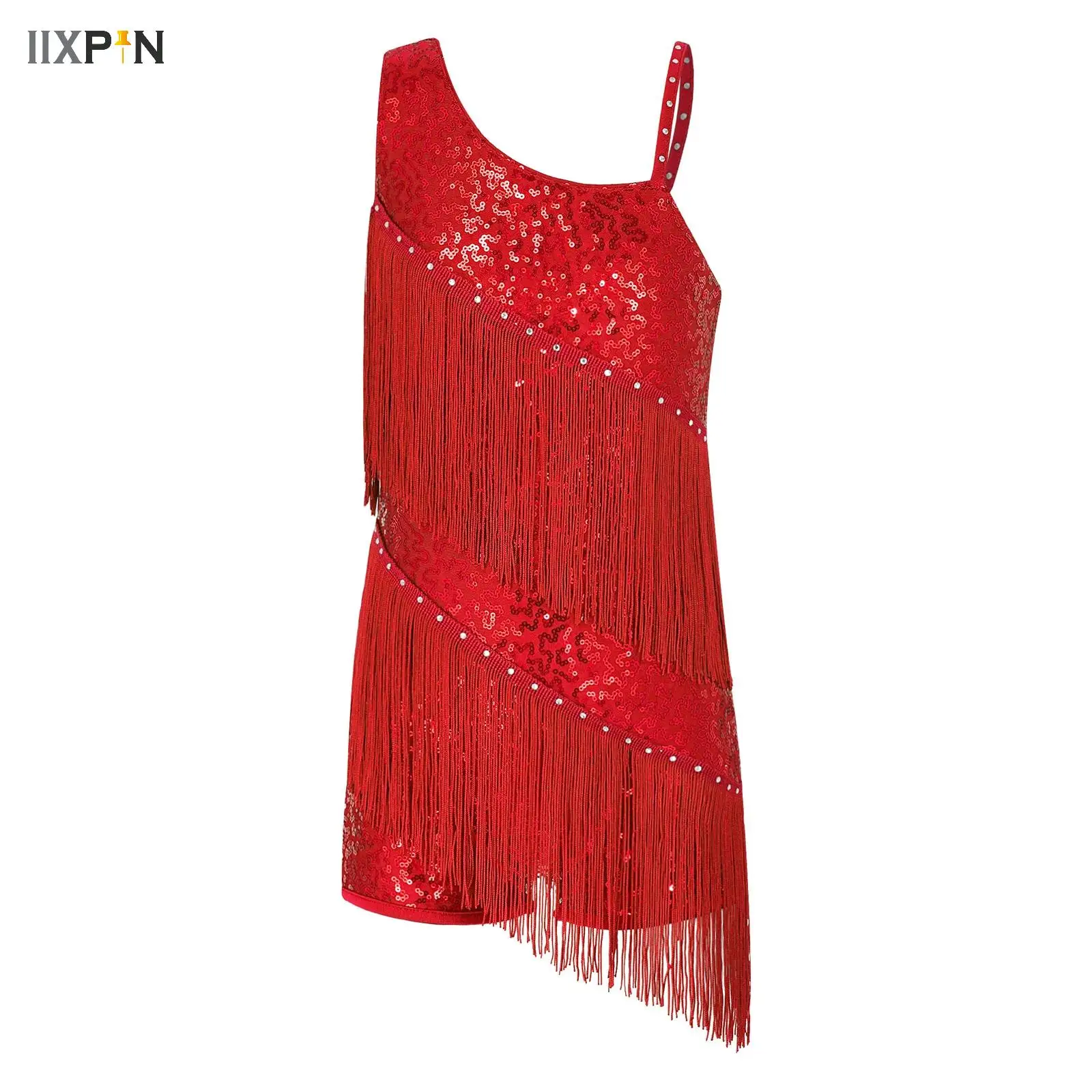 

Girls Kid Jazz Latin Dance Dress Performance Costume Sleeveless Oblique Shoulder Sequis Fringe Jumpsuit Tassel Leotard Dancewear