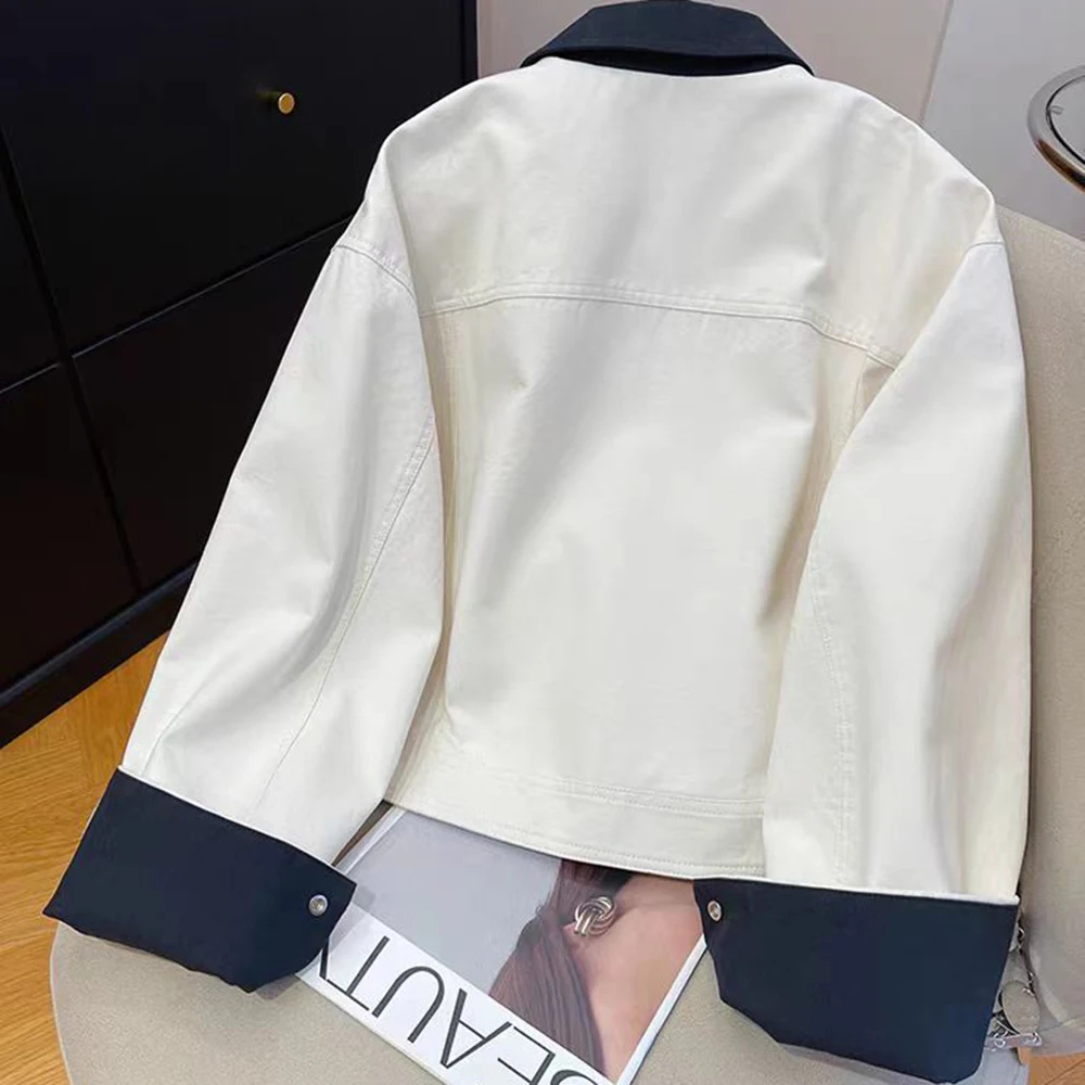 Retro simple contrasting color lapel large pocket tooling jacket women's 2026 spring versatile casual loose short coat