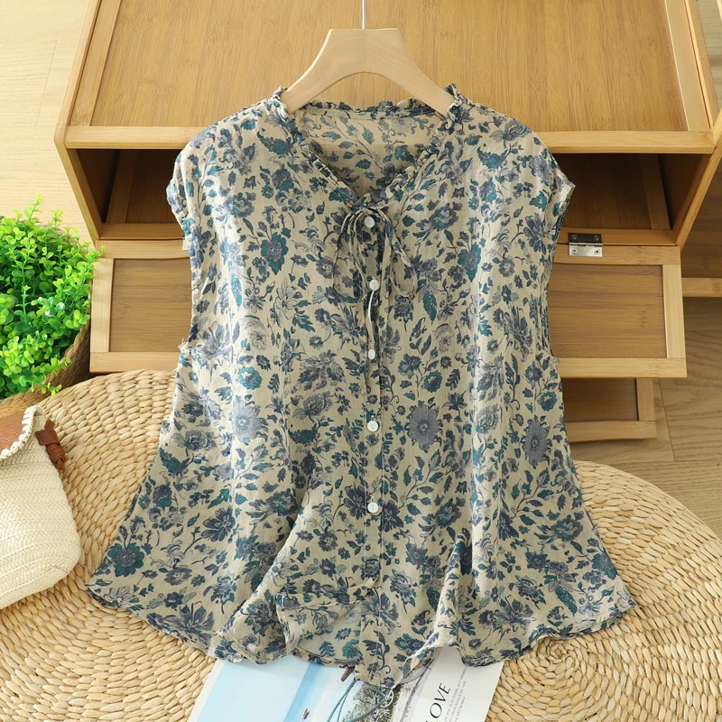 

Ретро-рубашка с цветочным принтом на пуговицах, тонкая, из хлопка и льна, женская, модная, универсальная, с дизайном Netie, для летних поездок на работу