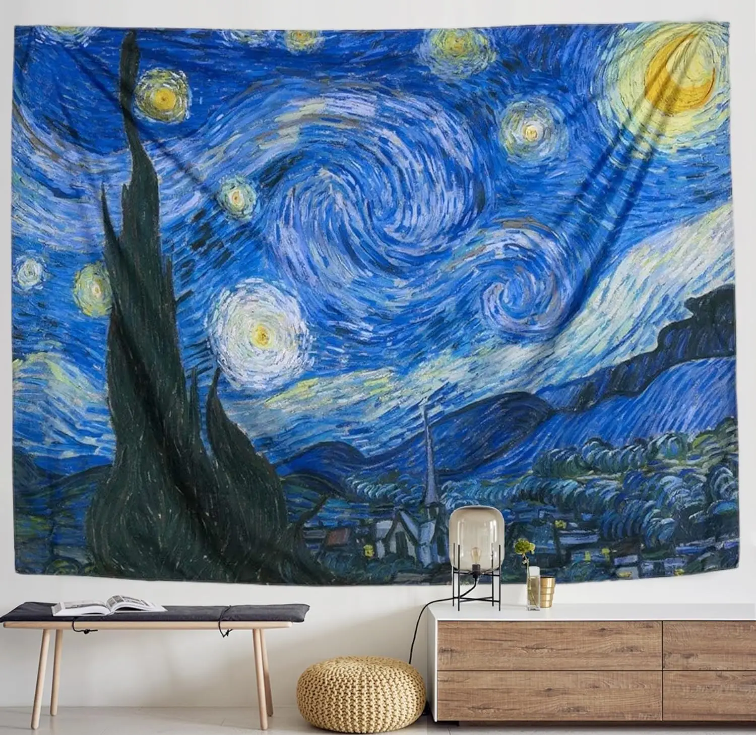 Starry Night Tapestry - Van Gogh Style Swirling Sky, Cypress Tree & Village, Bedroom & Living Room Wall Art, Multiple Sizes