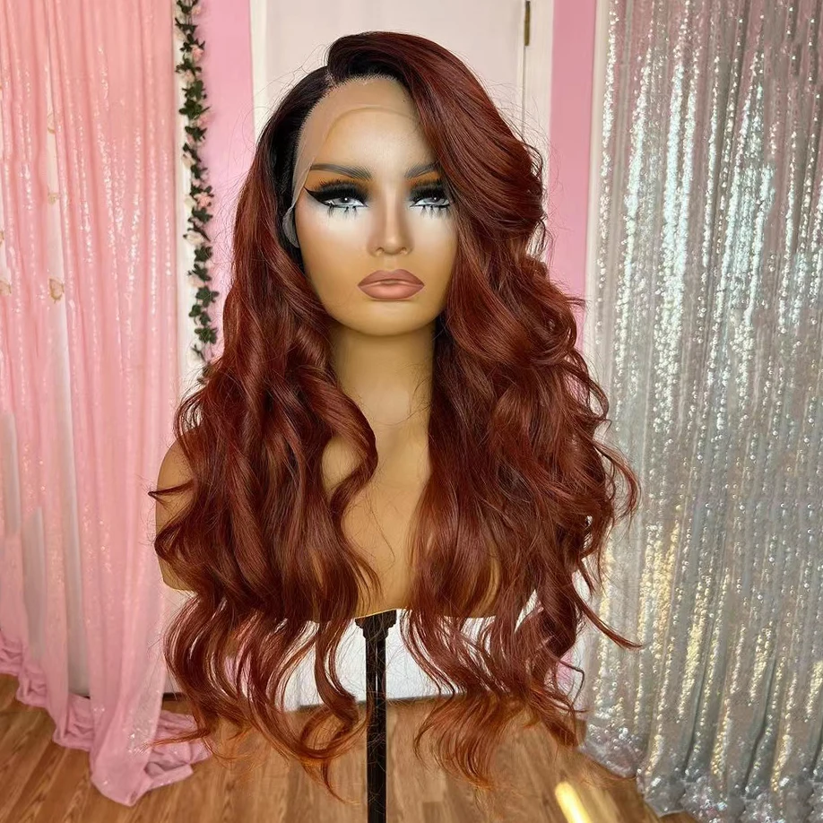 AIMEYA Copper Red Body Wave Wig Black Roots Synthetic Lace Front Wig Side Part Natural Hairline Hair Wig Daily Use Cosplay Wig