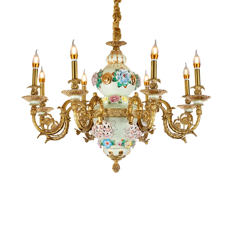 DINGFAN French Vintage Full Copper Candlestick Chandelier, Luxury And Exquisite Carved Ceramic Hall Villa Chandelier