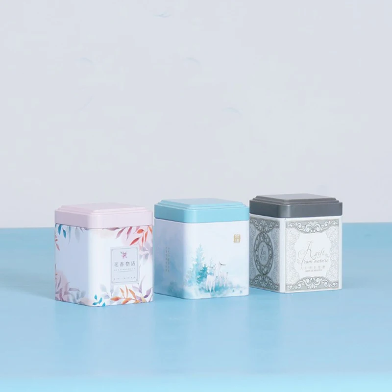 2Pcs Tea Sealed Box Kitchen Storage Container Jar Tin Square Can Candy Canister Empty Box Creative Small Tea Caddy