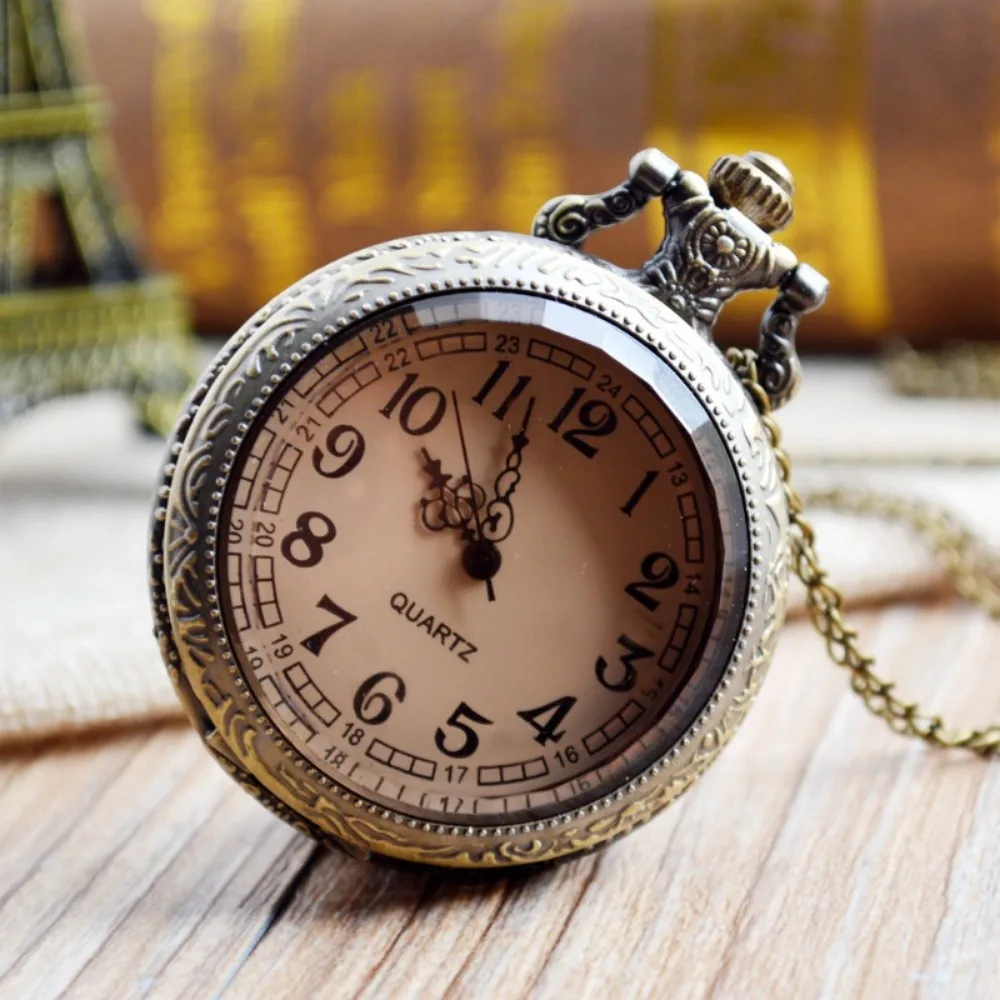 Elegant Flip Retro Pocket Watch Antique Transparent Brown Crystal Cover Slim Chain Arabic Numerals Display