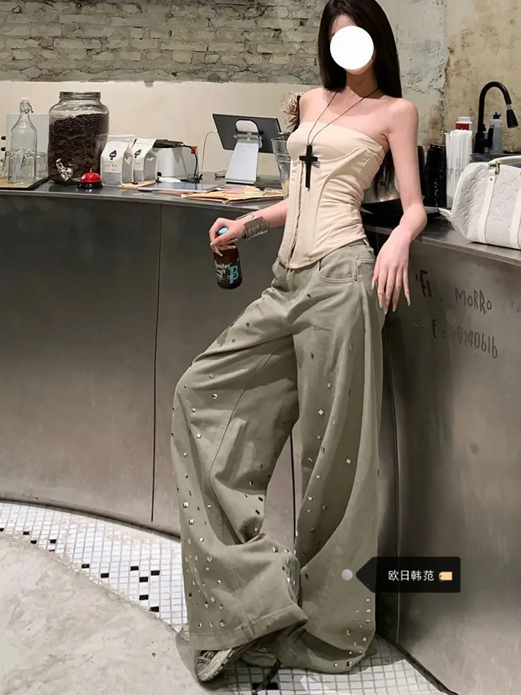 

Women's High Waisted Retro Loose Harajuku Hip Hop Streetwear Y2k Pants Solid Rivet Oversize Denim Wide Leg Trousers