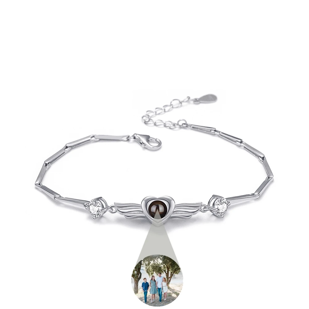 

Custom Photo Bracelet for Women Projection Photo Heart Wings Pendant Bracelet 925 Silver Chain Birthday Gift for GirlFriend