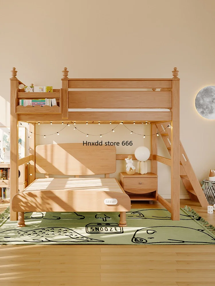 Elevated bed All solid wood staggered type mother and child bed