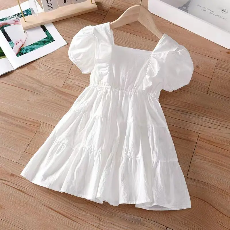Girls Summer White Dress Puff Short Sleeve Square Neck Ruffle Waist‑controll Layered Party Dress Kids Casual Cotton Sundress