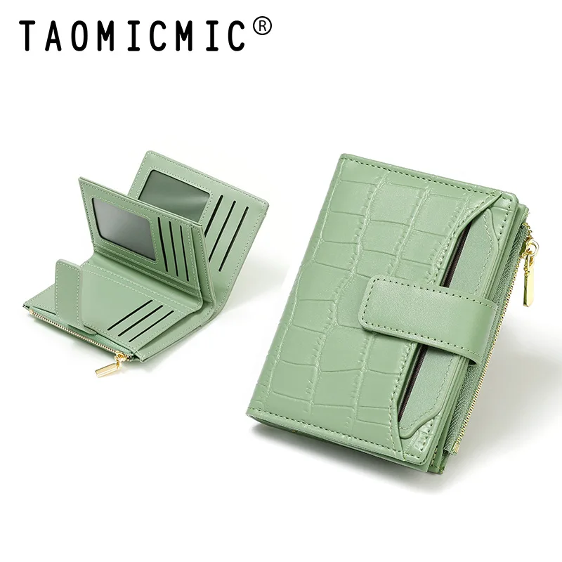 Korean Style Ladies Short Wallet Simple Foldable Leather Money Holder with Zipper Multiple Card Slots Stone Pattern